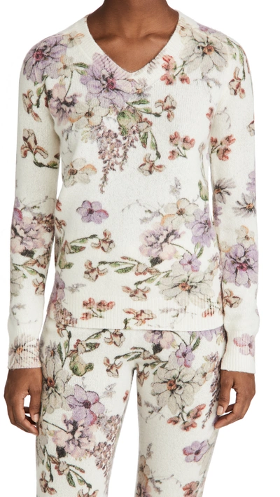 Shop Adam Lippes V Neck Sweater In Printed Cashmere In White Floral