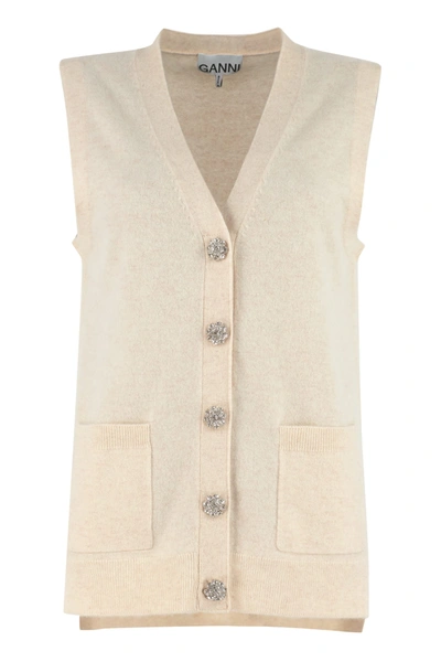 Shop Ganni Embellished Button Cashmere Vest In Sand