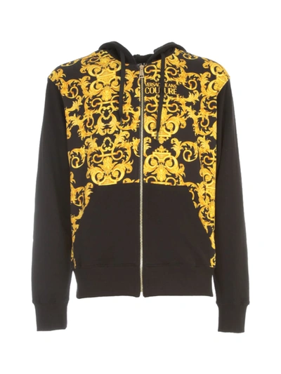 Shop Versace Jeans Couture Baroque Fleece Print Logo Hooded Sweatshirt In Nero