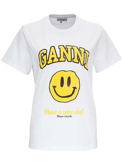 Shop Ganni Jersey T-shirt With Logo Print In White
