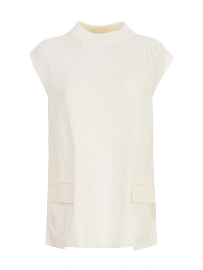 Shop Sacai Suiting Pullover W/ribbed Bottom And Collar In Off White