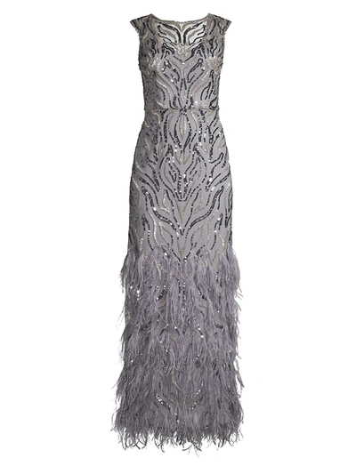 Shop Aidan Mattox Women's Sequined & Feathered Tulle Column Gown In Silver