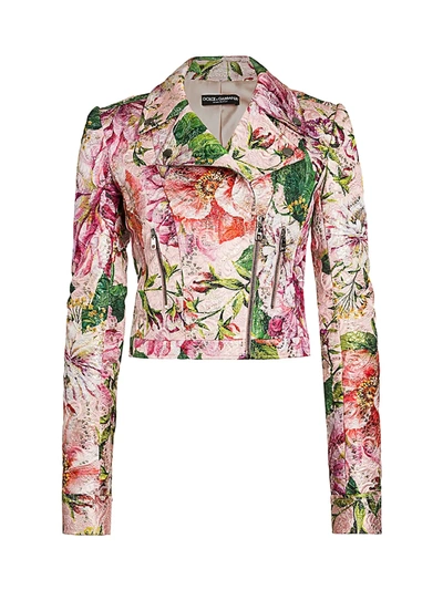 Shop Dolce & Gabbana Women's Brocade Floral-print Moto Jacket In White Light Pink Green