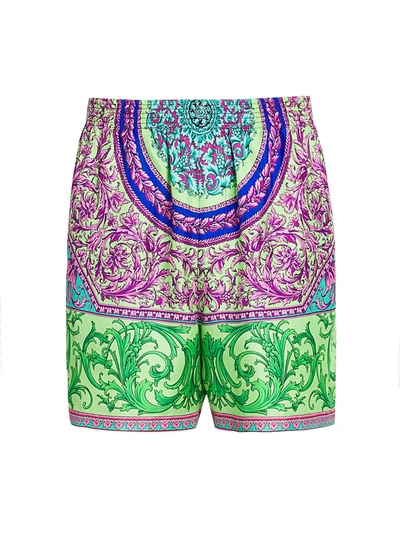 Shop Versace Men's Baroque Silk Shorts In Green Multi