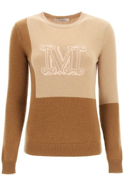 Shop Max Mara Caimano Monogram Logo Sweater In Beige,brown,pink
