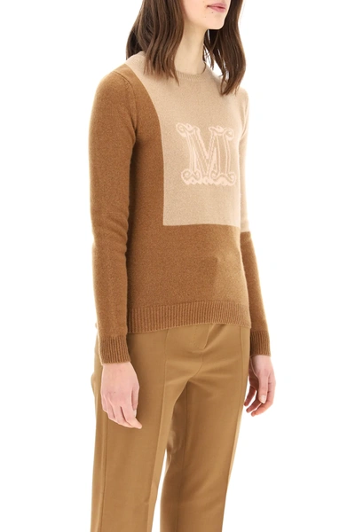 Shop Max Mara Caimano Monogram Logo Sweater In Beige,brown,pink