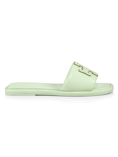 Shop Tory Burch Double-t Padded Leather Slides In Meadow Mist