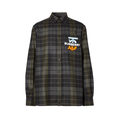 Shop Burberry Monogram Motif Check Wool Flannel Oversized Shirt In Black Ip Chk