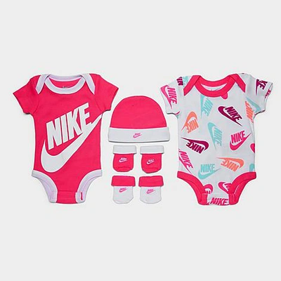 Shop Nike Infant Futura Allover Print 5-piece Bodysuit, Beanie Hat And Socks Set In Pink/white