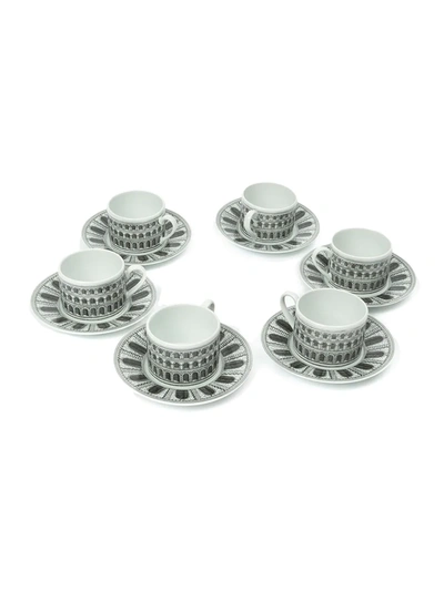 Shop Fornasetti 'architettura' Cup And Saucer Set In Black