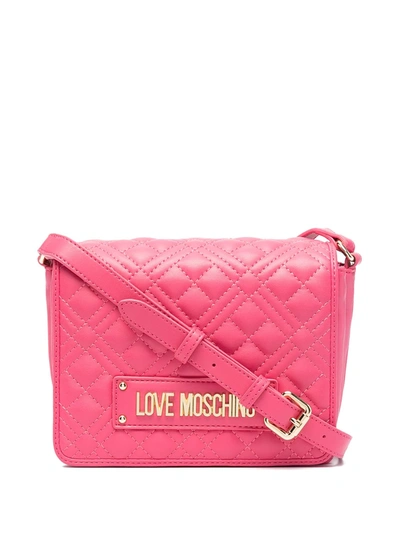 Shop Love Moschino Logo Plaque Quilted Shoulder Bag In Pink