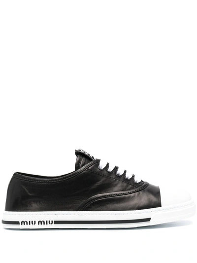 Shop Miu Miu Nappa Leather Lace-up Sneakers In Schwarz