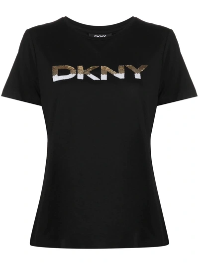 Shop Dkny Sequin-logo T-shirt In Black