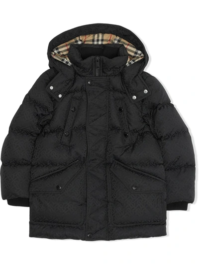 Shop Burberry Teen Monogram-jacquard Puffer Coat In Black