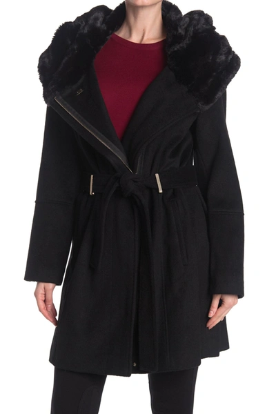 Shop Calvin Klein Faux Fur Trimmed Wool Blend Jacket In Black