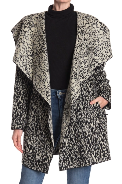 Shop Bcbgmaxazria Snow Leopard Hooded Wool Blend Wrap Coat In Black / Wh