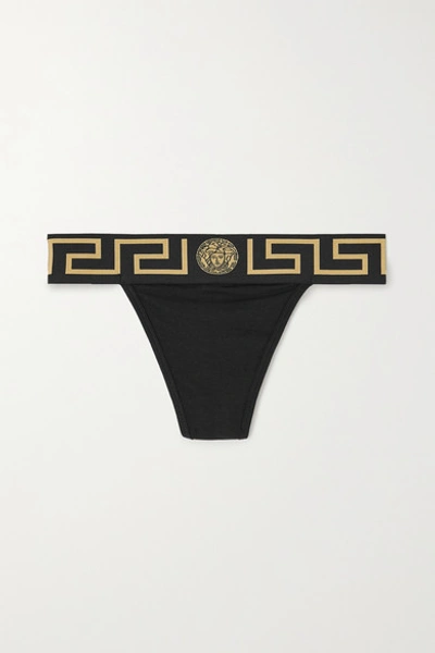 Shop Versace Greca Jacquard-trimmed Stretch-cotton Jersey Thong In Black