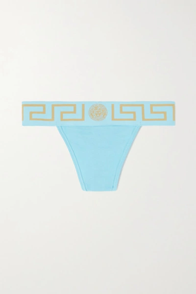 Shop Versace Greca Jacquard-trimmed Stretch-cotton Jersey Thong In Blue