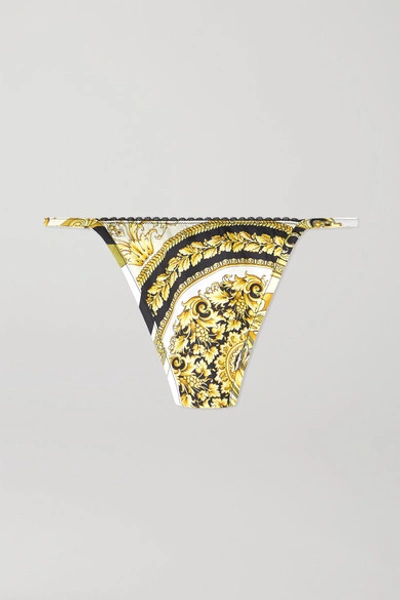 Shop Versace Printed Silk-twill Thong In Gold