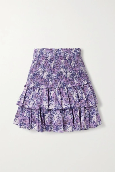 Shop Isabel Marant Étoile Naomi Shirred Tiered Floral-print Cotton-voile Mini Skirt In Purple
