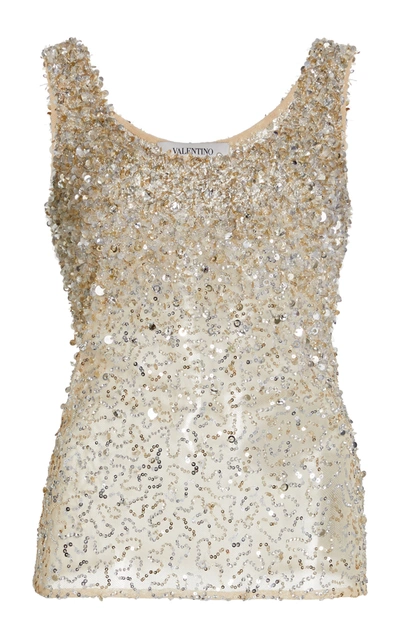 Shop Valentino Sequined Cotton-blend Tank Top In Silver
