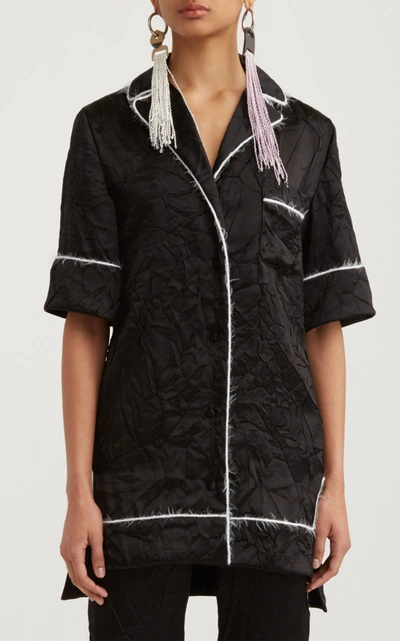 Shop Marina Moscone Piped Crinkled Satin Pajama Shirt In Black