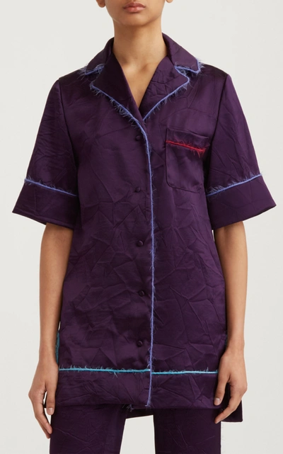 Shop Marina Moscone Piped Crinkled Satin Pajama Shirt In Purple