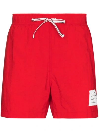 Shop Thom Browne 4-bar Patch Swim Shorts In Red