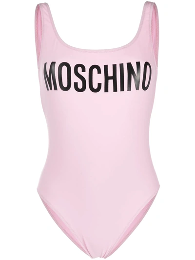 Shop Moschino Logo-print Scoop-back Swimsuit In Pink