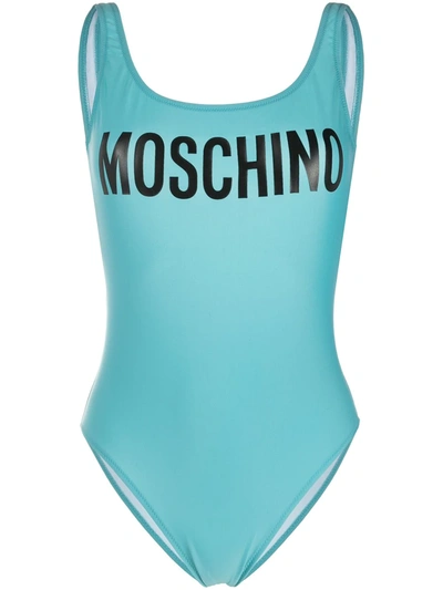 Shop Moschino Logo Print Swimsuit In Blue