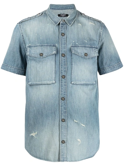 Shop Balmain Distressed Denim Shirt In Blue