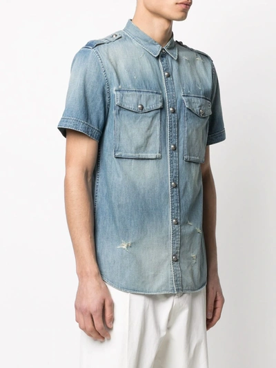 Shop Balmain Distressed Denim Shirt In Blue