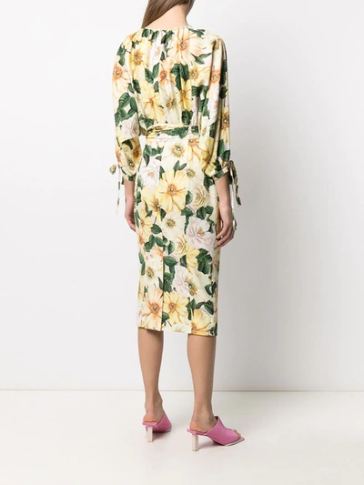 Dolce & Gabbana Camellia-print Silk-blend Charmeuse Midi Dress In Yellow