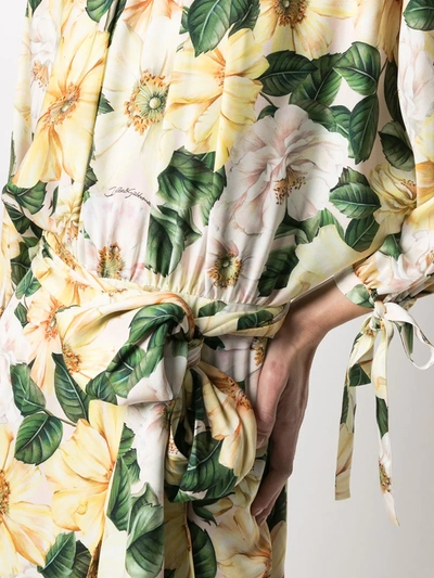 Dolce & Gabbana Camellia-print Silk-blend Charmeuse Midi Dress In Yellow