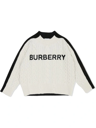 Shop Burberry Teen Logo Cable Knit Jumper In White