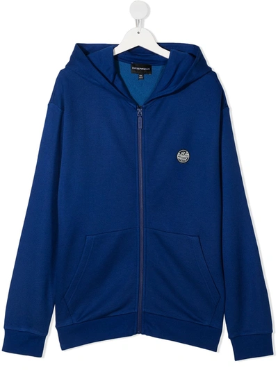 Shop Emporio Armani Teen Logo-patch Zip-up Hoodie In Blue