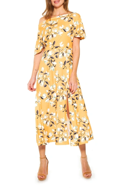 Shop Alexia Admor Kaelyn Draped One Shoulder Floral Midi Dress In Mustard Floral