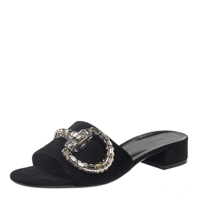Pre-owned Gucci Black Suede Maxime Crystal Horsebit Slide Sandals Size 40