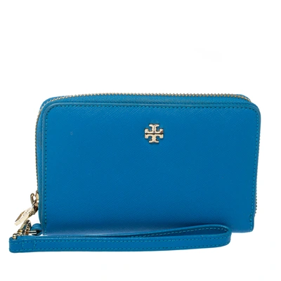 Pre-owned Tory Burch Blue Leather Robinson Zip Around Wristlet Wallet