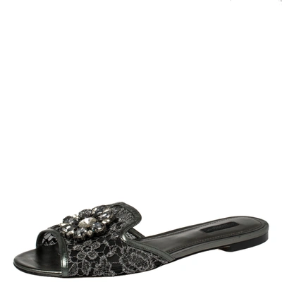 Pre-owned Dolce & Gabbana Metallic Grey Lace And Leather Trim Crystal Embellished Flats Size 41