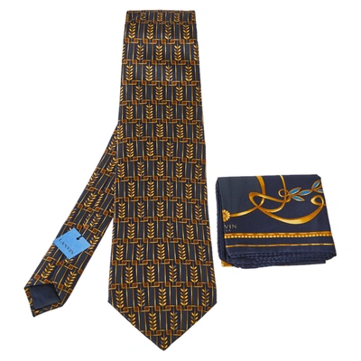 Pre-owned Lanvin Navy Blue Abstract Printed Silk Traditional Tie & Pocket Square