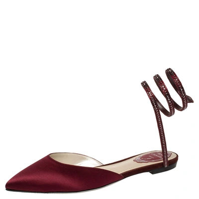 Pre-owned René Caovilla Ren&eacute; Caovilla Burgundy Satin Crystal Embellished Ankle Wrap Pointed Toe Flats Size 37