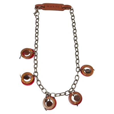Pre-owned Marni Red Resin And Wood Leather Tag Necklace