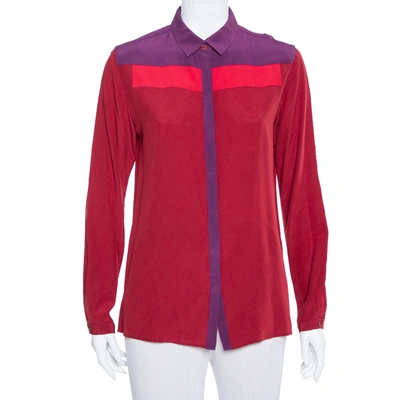 Pre-owned Etro Burgundy Silk Contrast Paneled Long Sleeve Shirt M