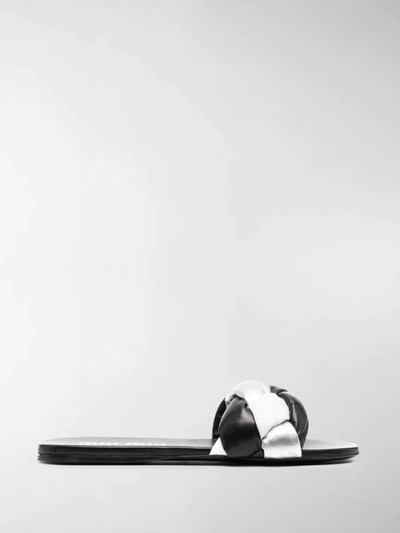 Shop Miu Miu Two-tone Woven Slide Sandals In Black