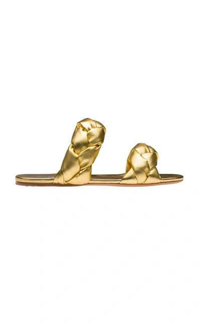 Shop Miu Miu Women's Puffy Braided Metallic Leather Slide Sandals In Gold