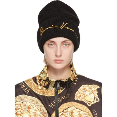 Shop Versace Black Wool Gv Signature Beanie In A4007 Black