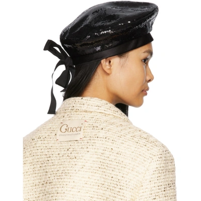 Shop Gucci Black Sequin Glitter Beret In 1060 Black