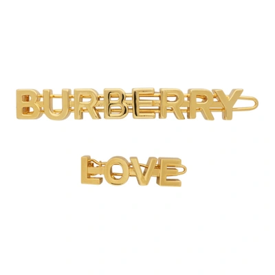 Shop Burberry Gold Logo & 'love' Hair Clips In Light Gold