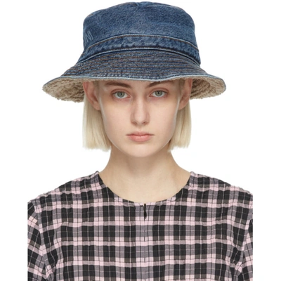 Shop Ganni Blue Denim Teddy Bucket Hat In 630 Denim